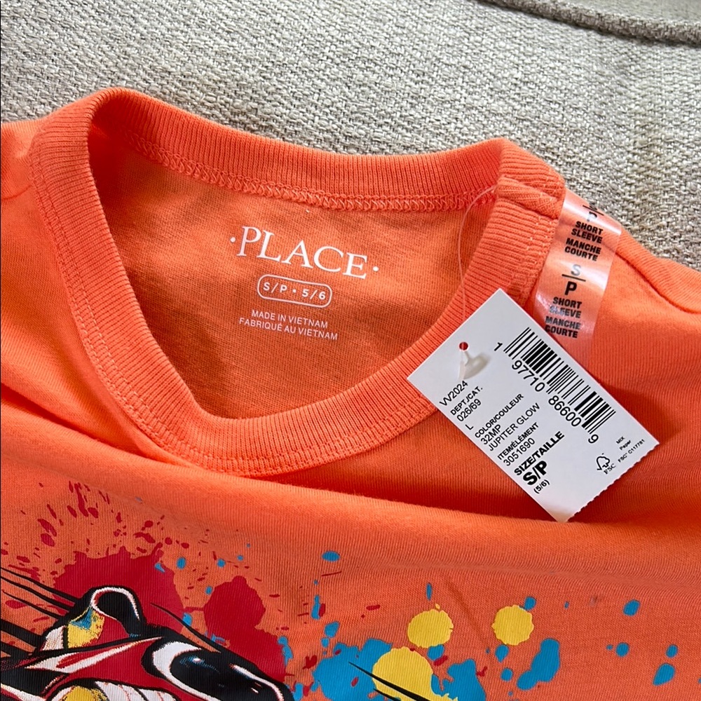 Orange Graphic T-Shirt with Race Car Design - Picture 2 of 2